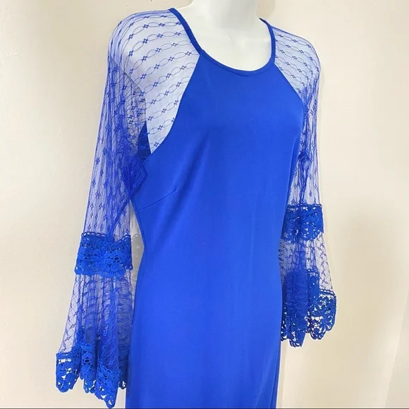 New Bell Sleeve Mesh Fit and Flare Royal Blue Women’s Formal Dress - Picture 4 of 10